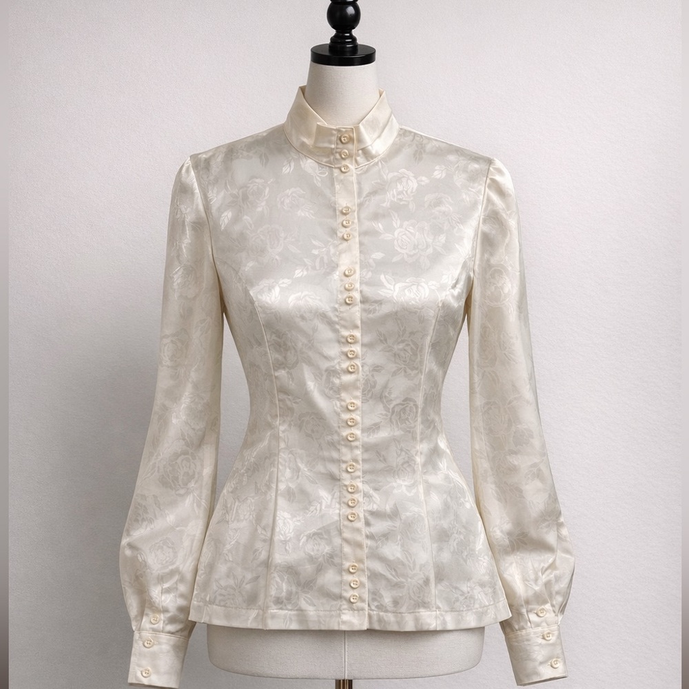 Women’s Elegant Vintage Pleated Tailored Cream Button-Up Silk Blouse